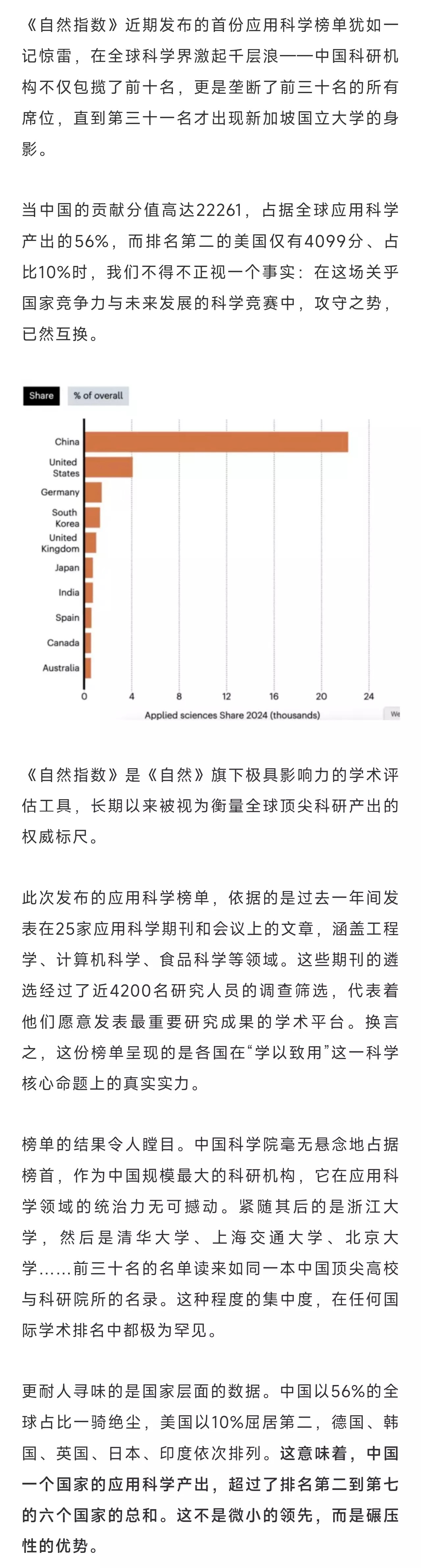 中国科研机构包揽《自然指数》前十名